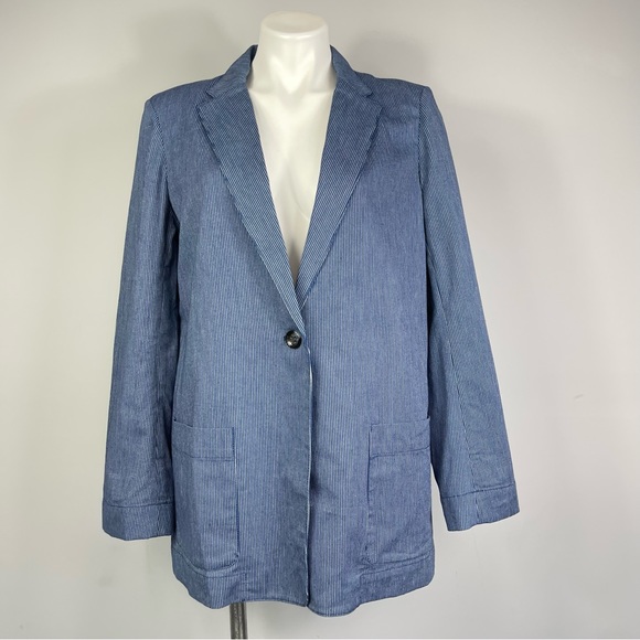 MARC BY MARC JACOBS Cotton Oversized Pinstriped Indigo Multi Blazer Jacket NWT L - Picture 4 of 16